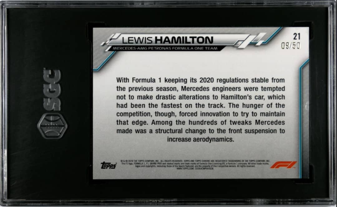 2020 TOPPS CHROME #21 F1 LEWIS HAMILTON #/50 GOLD WAVE REFRACTOR SP SGC 9 POP 1