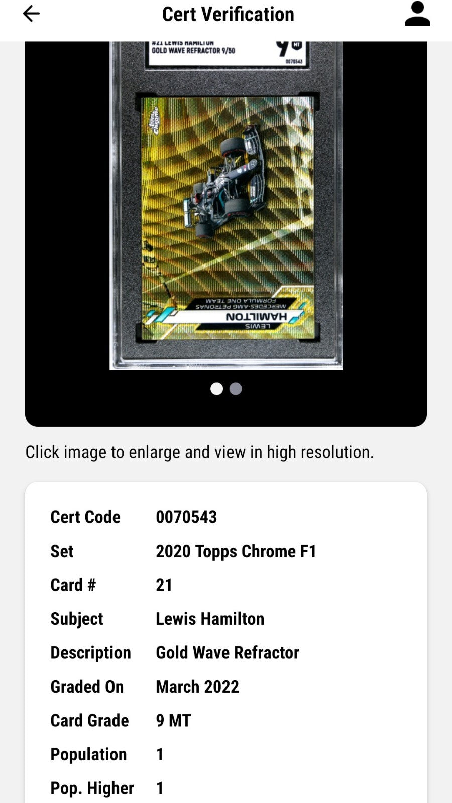 2020 TOPPS CHROME #21 F1 LEWIS HAMILTON #/50 GOLD WAVE REFRACTOR SP SGC 9 POP 1