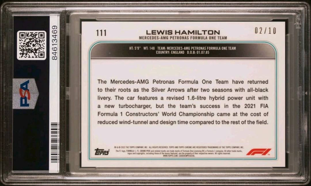 Lewis Hamilton 2022 Topps Chrome #111 Sapphire #/10 Purple Refractor SSP PSA 9