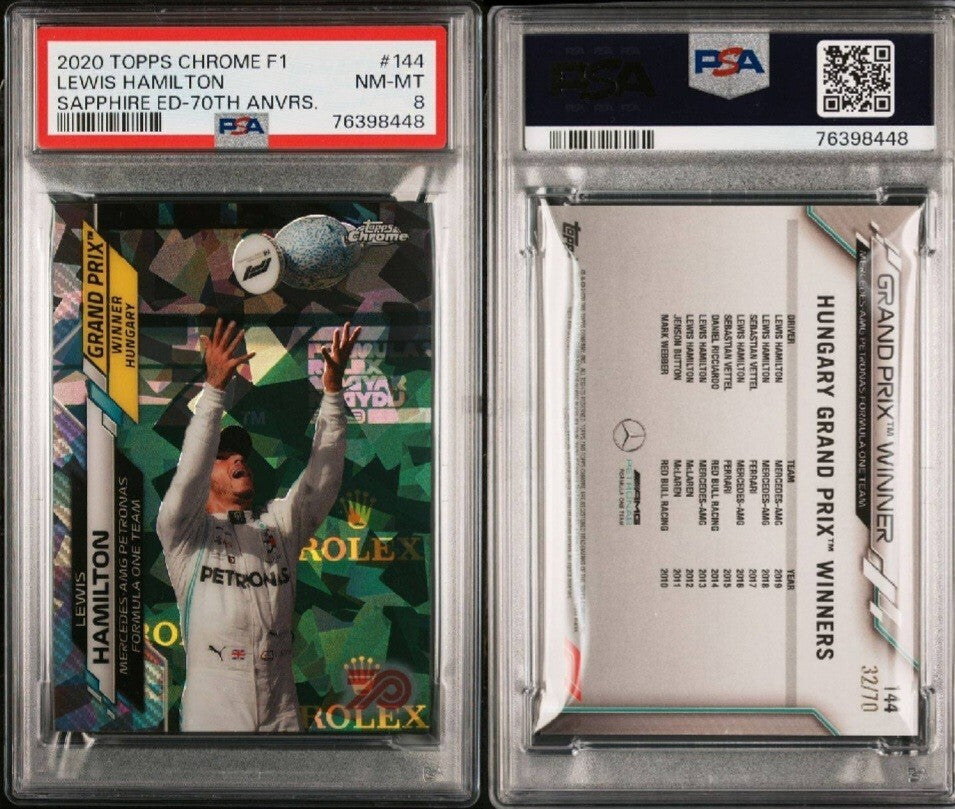 2020 Topps Chrome Sapphire F1 #/70 70th Anniversary Lewis Hamilton Rookie PSA 8