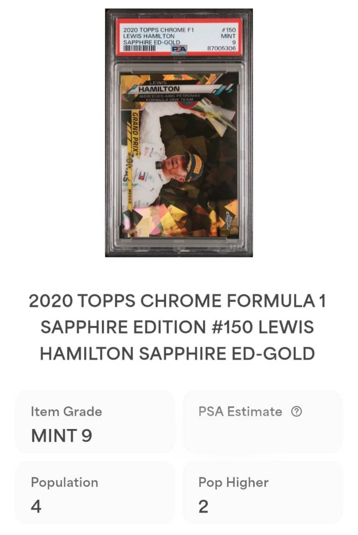 2020 Topps Chrome Sapphire F1 /50 Lewis Hamilton Gold Refractor #150 PSA 9 RC SP