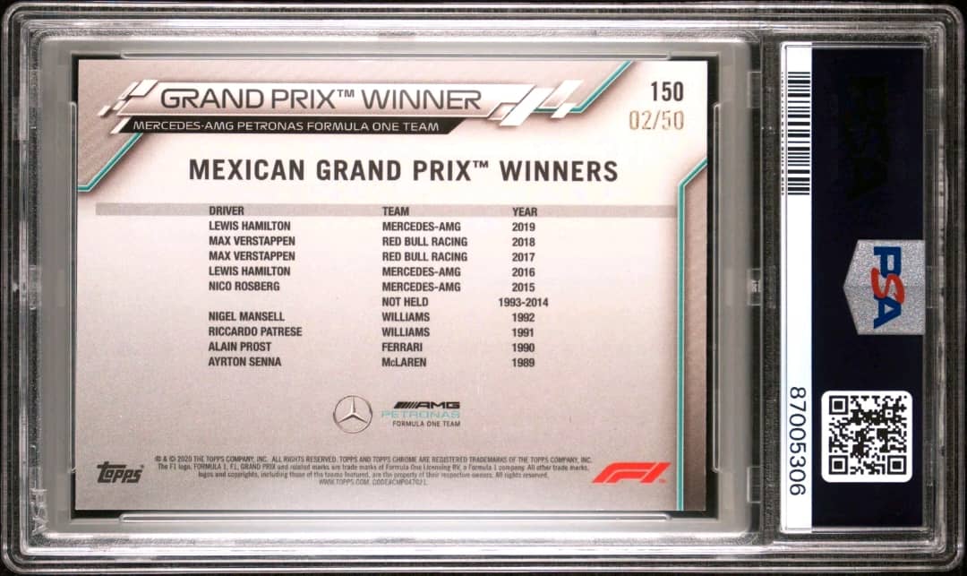 2020 Topps Chrome Sapphire F1 /50 Lewis Hamilton Gold Refractor #150 PSA 9 RC SP