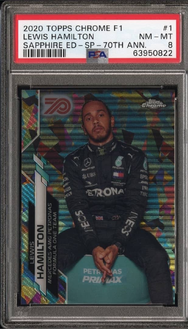 LEWIS HAMILTON 2020 Topps Chrome Sapphire F1 70th Portrait SP Variation /70 PSA8