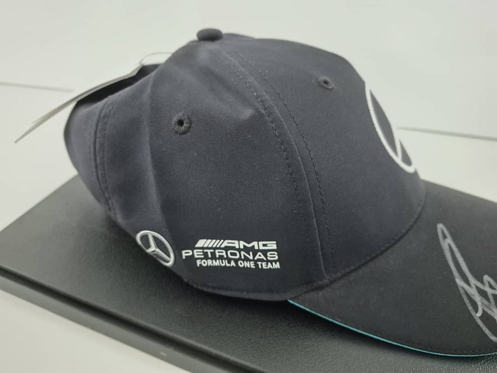 F1 Lewis Hamilton and George Russell signed cap, Mercedes F1, display