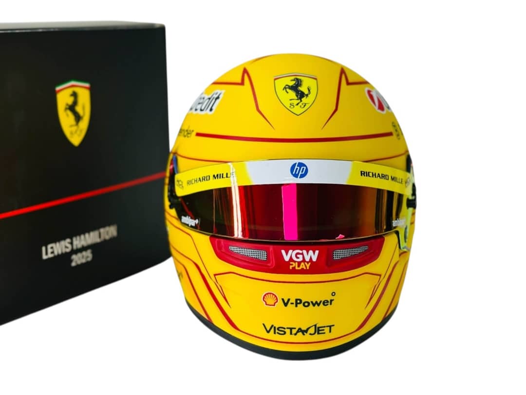 F1 2025 LEWIS HAMILTON SIGNED MINI HELMET & GLOVES FERRARI PHOTOPROOF FORMULA