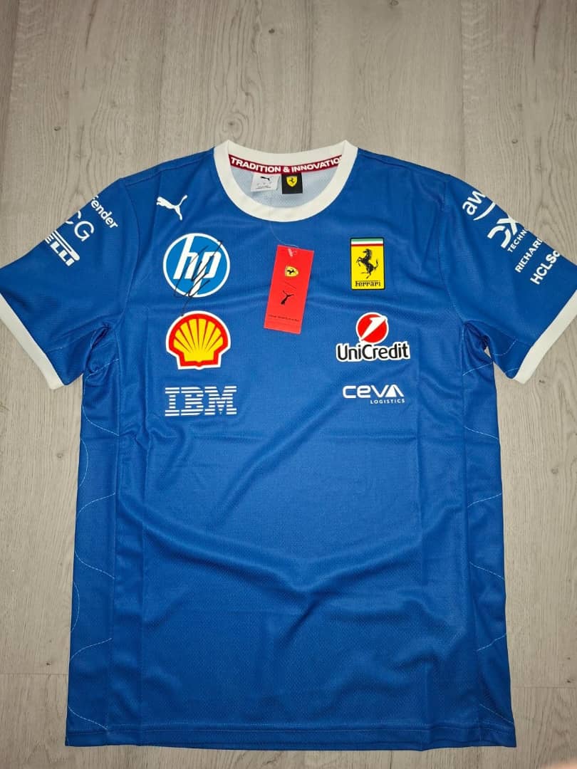 F1 2025 LEWIS HAMILTON SIGNED MONZA T SHIRT FERRARI PUMA PHOTOPROOF FORMULA