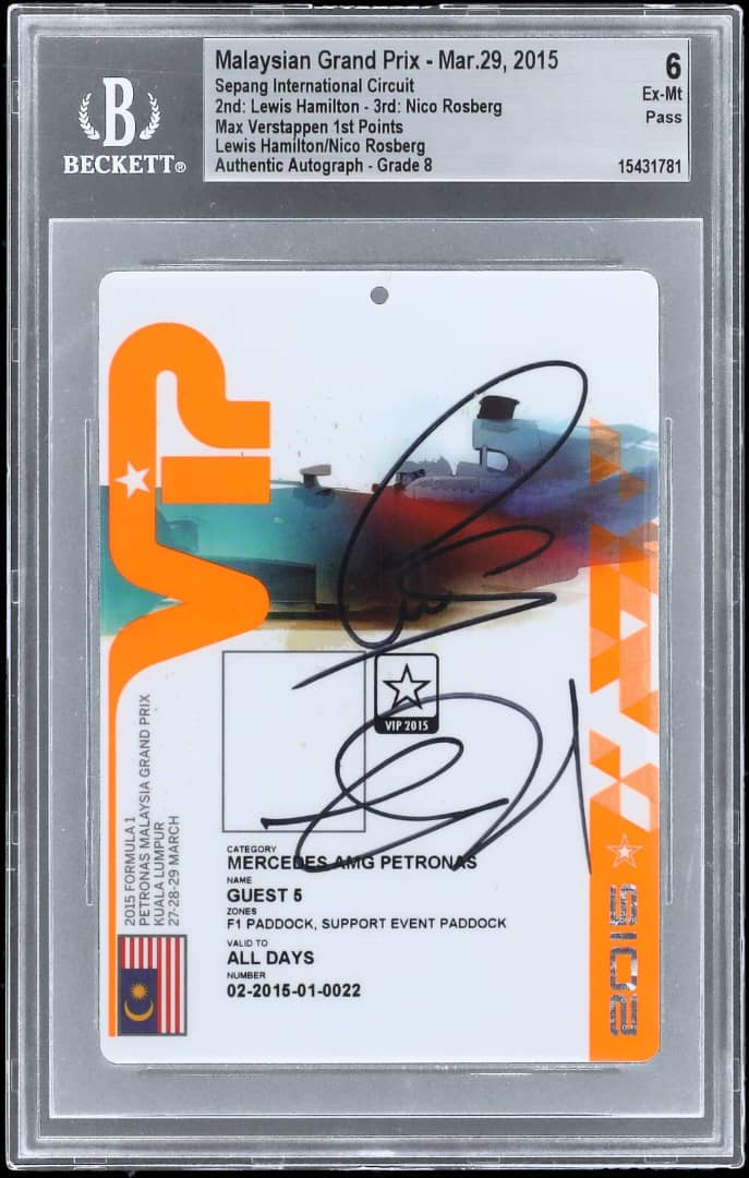 Lewis Hamilton Signed Ticket F1 Malaysia "Max Verstappen 1st Points" BAS Beckett
